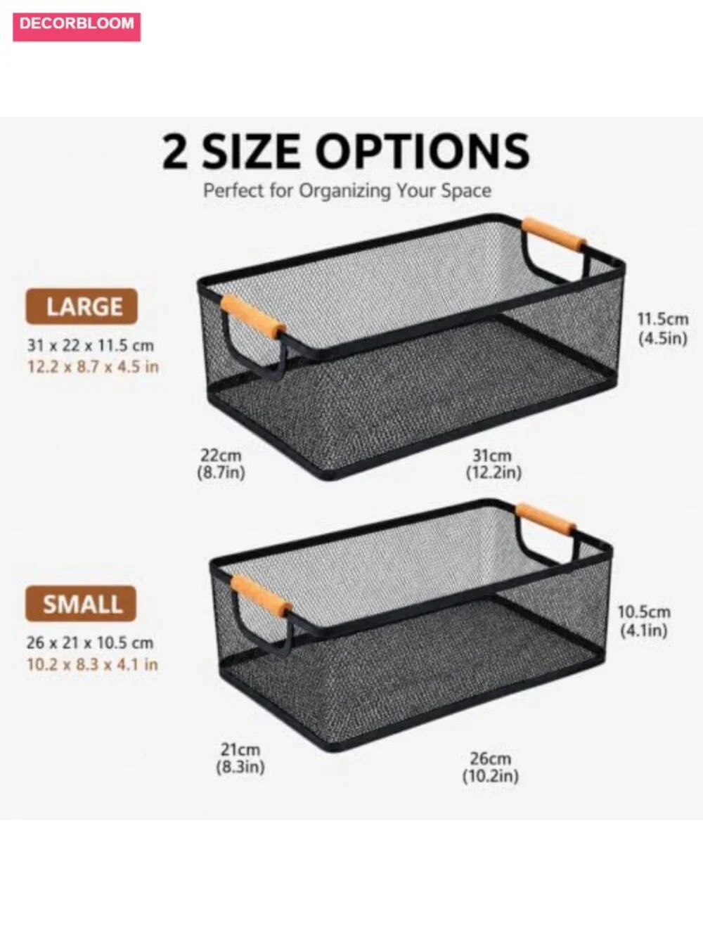 2-Piece Metal Mesh Storage Basket Set with Wood Handles Ventilated Kitchen